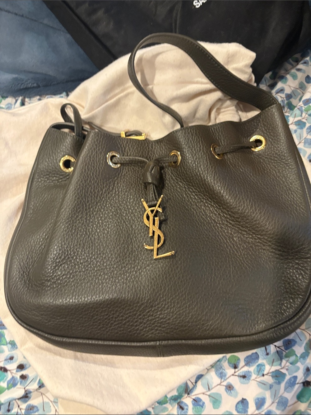 Saint Laurent Black Pebbled Leather Drawstring Shoulder Bag with Gold YSL